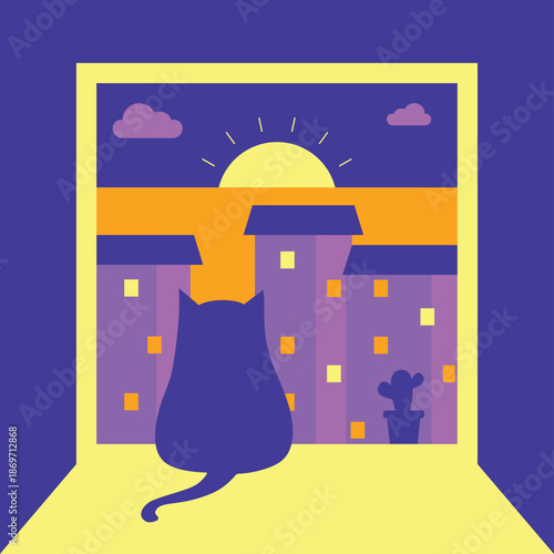 Flat vector illustration of a cat on a windowsill watching city sunset. Cozy home scene with urban buildings, warm evening light, and calm atmosphere.  Concept illustration about solitude.