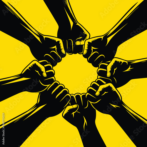 Group fist bump together symbolizing unity, strength, equality and social justice movements vector illustration