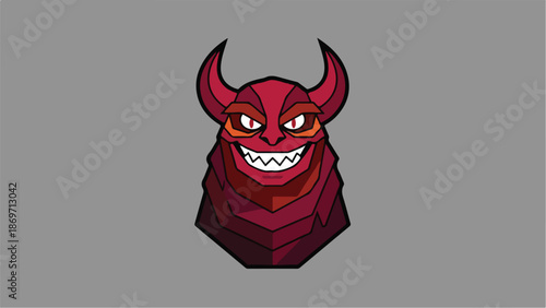 Evil demon face with horns and a sinister grin on a gray background.