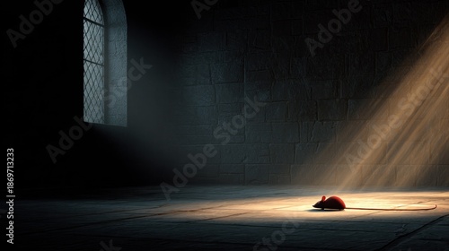 Dark room, ancient window, single red mouse. Sunlight beams