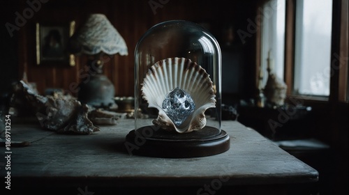 A polished gemstone, nestled within a scallop shell, sits under a glass dome.  Dark room interior with antique items
