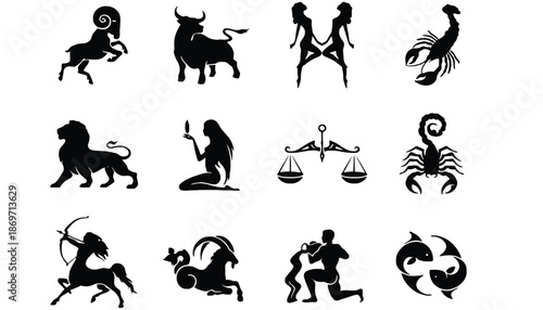 Black silhouettes of zodiac signs on a white background
