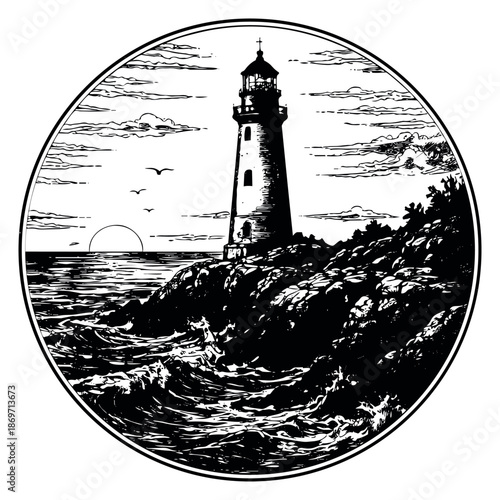 Vintage line art illustration of a lighthouse depicting a dramatic coastal scene at sunrise for nautical or travel themes
