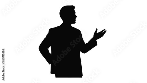 Silhouette of a professional businessman in a suit standing sideways gesturing emphatically with one hand while the other rests on his hip against a stark white background for concept art