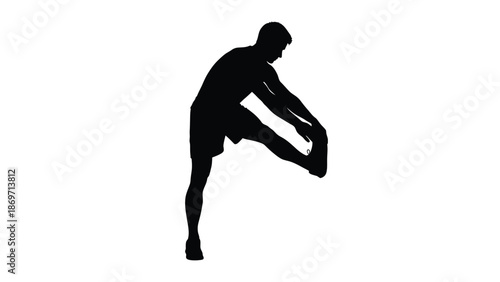Silhouette illustration depicting a male athlete performing a dynamic standing quadriceps stretch targeting leg muscles against a stark white background for fitness concept use
