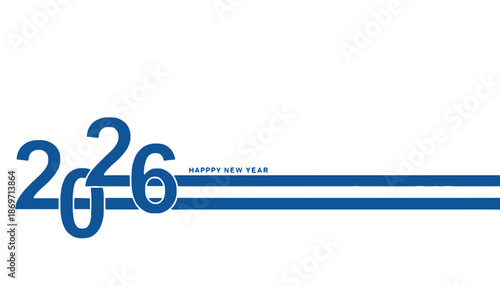 A modern Happy New Year 2026 graphic design with navy blue lines and text