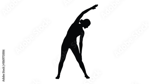 Silhouette of a focused woman performing a side bend stretching exercise reaching overhead with one arm to improve core flexibility and warm up her body