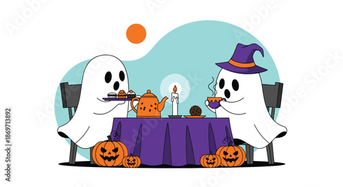 Whimsical illustration of two friendly cartoon ghosts wearing colorful hats and having a festive tea party with treats for Halloween.