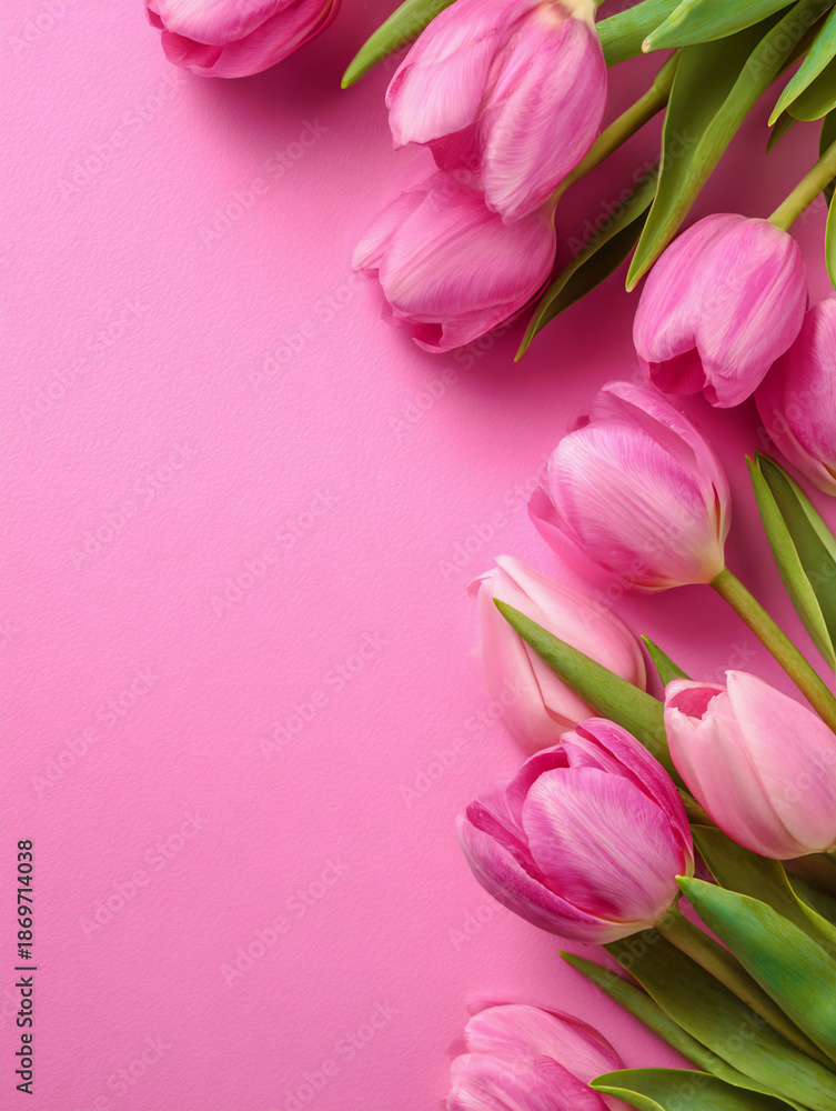 Obraz premium Pink Tulips Border on Pink Background with Copy Space – Women’s Day Card