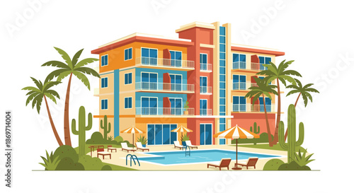 Modern tropical resort hotel building with multiple floors, balconies, swimming pool, palm trees, and lounge chairs for summer vacation.