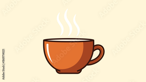 A brown coffee mug with steam rising on a pale yellow background