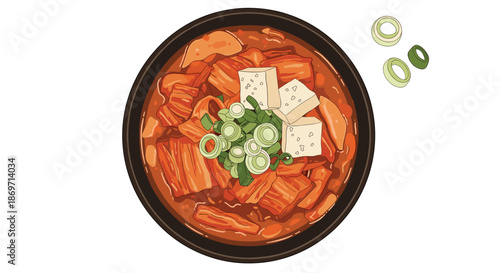 Appetizing top-down illustration of a bowl of Korean kimchi jjigae or spicy kimchi stew with tofu, broth, and fresh green onions.