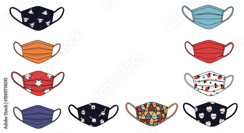 Wide selection of colorful and patterned reusable fabric face masks for personal health and safety protection in public spaces.