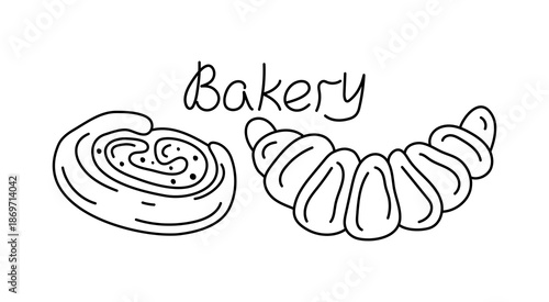 Pastries, confectionery, croissant, and sweet bun. Set of linear icons, doodles, and illustrations. Bakery, cafe, ready-made food, French breakfast. Vector illustration. Isolated background.