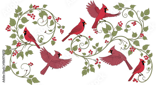 Decorative floral arrangement featuring red cardinal birds perched and flying among green leafy vines with ripe red berries.