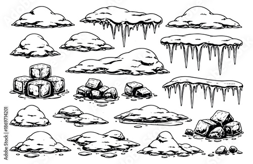 Line art winter elements set featuring snowdrifts, snow piles, icicles, and ice cubes for seasonal decoration