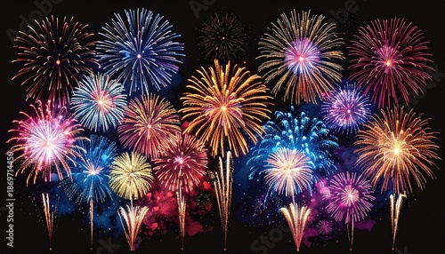 Vibrant Night Sky Explodes with Colorful Fireworks Display Orange Blue Pink Yellow Against Black Background Celebration Event