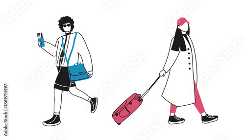 A cartoon illustration of a man and woman walking together with luggage