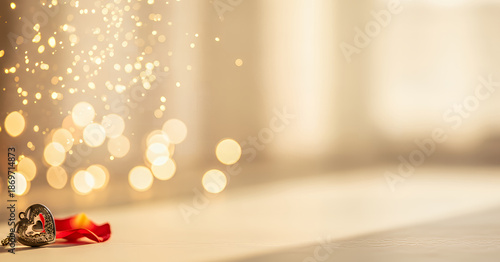 Valentine’s Day themed card displayed with gold hearts forms a simple love concept, using bright tones, gentle lighting, and negative space ideal for design templates.