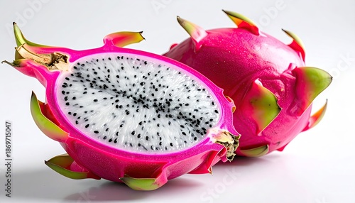 Vibrant Pink Dragon Fruit Cut In Half Revealing White Flesh With Black Seeds On White Background