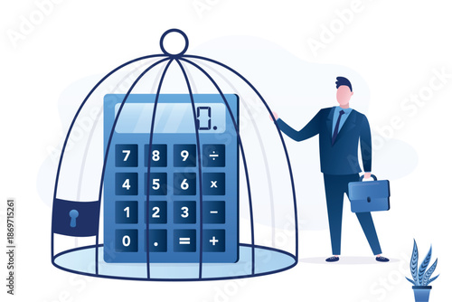 Controlled thoughts and lack of freedom in business. Concept of finance and investment. Businessman keeps a giant calculator in cage