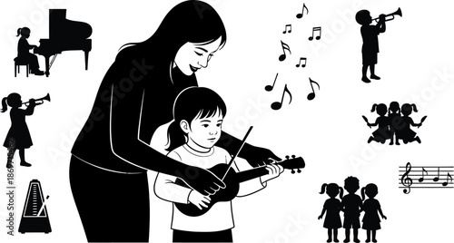 Happy mother's day music family love silhouette illustration