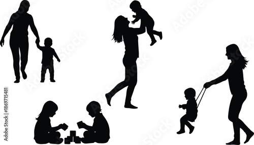 Happy mother's day family silhouettes mother and children black silhouettes