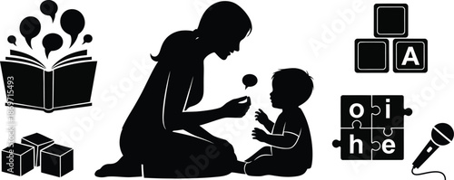 Happy mother's day silhouette illustration of loving mom and child activities