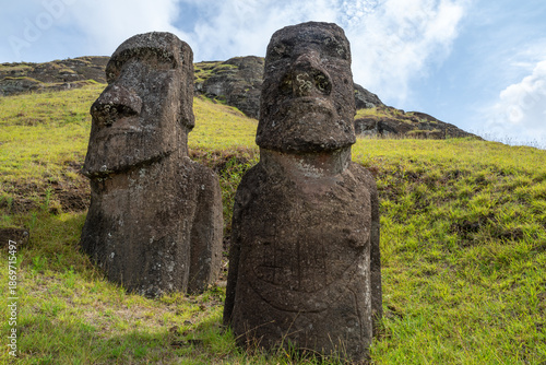 Moai statues at  Rano Raraku Volcano at Easter Island, Chile