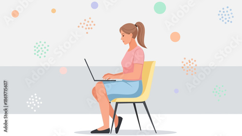 Young woman sitting on a chair and working on a laptop, colorful abstract shapes background