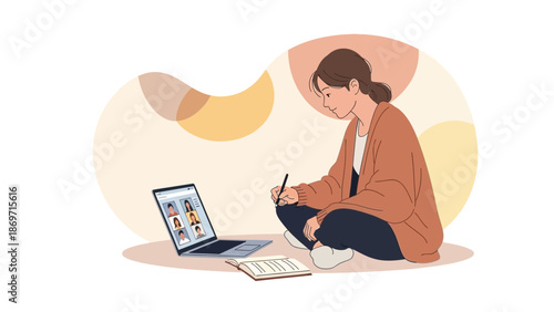 Young Woman Studying Online via Video Conference on Laptop