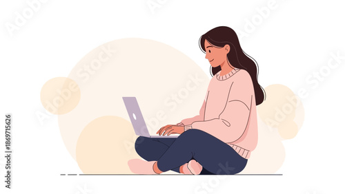 Young Woman Typing on Laptop, Sitting Cross-legged, Relaxed Lifestyle Illustration