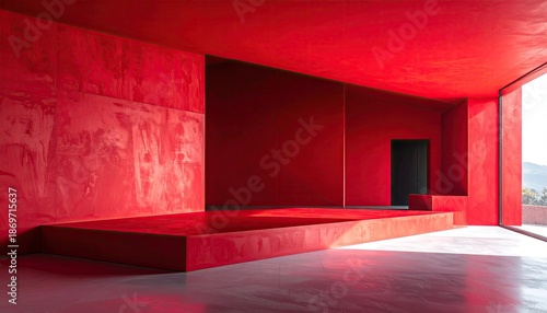 Vibrant red abstract architectural interior with geometric steps and a dark doorway bathed in natural light casting dramatic shadows creating a modern minimalist aesthetic