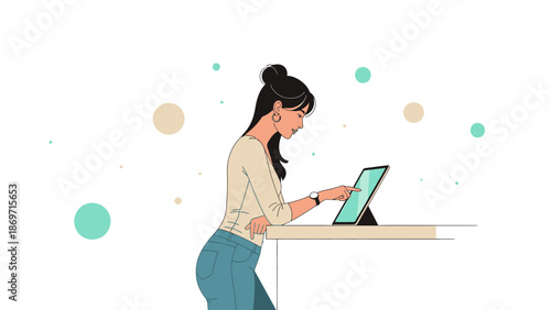 Young Woman Using Digital Tablet on a Desk with Floating Circles