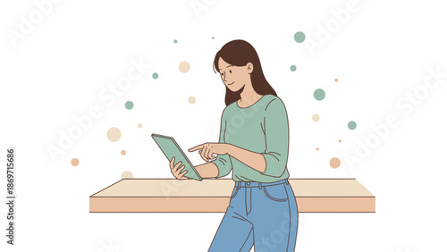Young Woman Using Tablet Computer, Modern Technology Concept, Abstract Bubbles Background