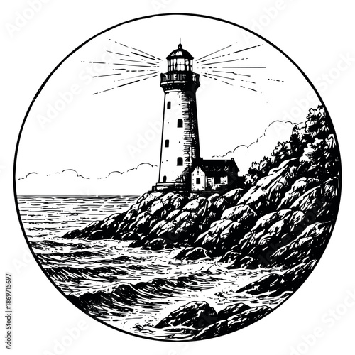 Hand drawn line art illustration of a lighthouse depicting a rocky coastal scene for nautical and travel themes