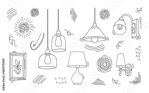 collection of various kitchen utensils and dishes, food , drink icons,  cute cartoon style illustration, various lighting, fixtures ,decorative items, hand drawn doodle design
