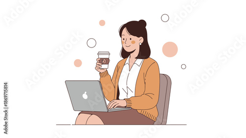 Young woman working on laptop with coffee, modern flat illustration