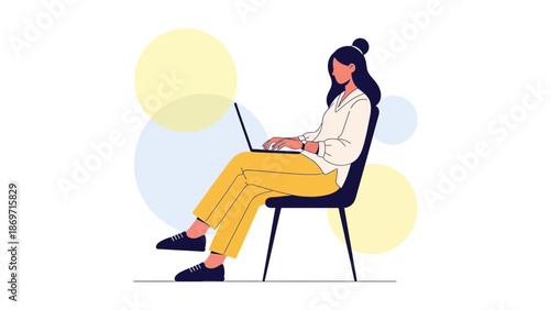 Young woman working on laptop, sitting on chair, modern flat illustration