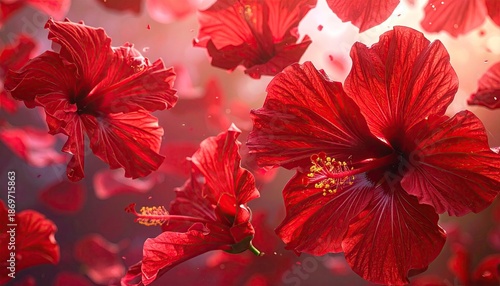 Vibrant Red Hibiscus Flowers Blooming with Delicate Petals Floating in Soft Sunlight