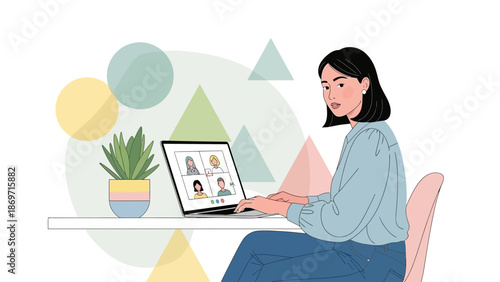 Young woman working on laptop, video call with colleagues, modern office setup