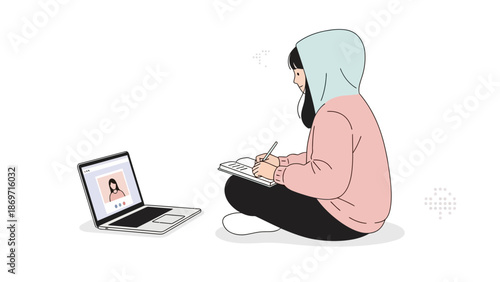 Young woman in hoodie learning online, writing notes on laptop screen