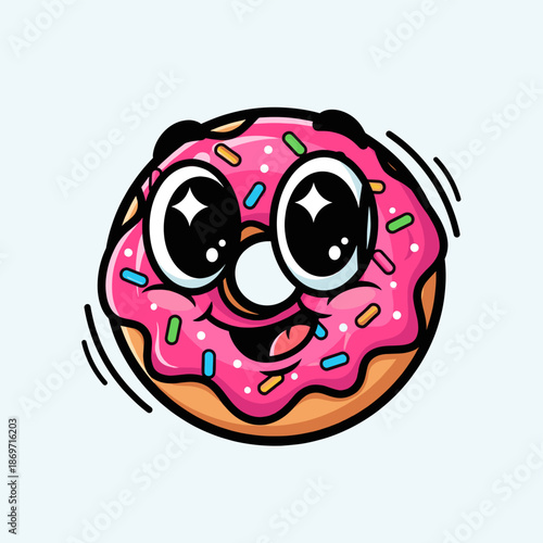 A cute cartoon donut with big eyes and a happy smile, covered in pink frosting and colorful sprinkles.