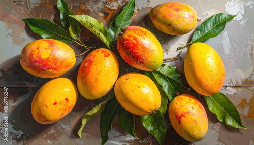 Vibrant Ripe Mangoes with Green Leaves Artfully Arranged on a Textured Rustic Surface with Dramatic Lighting