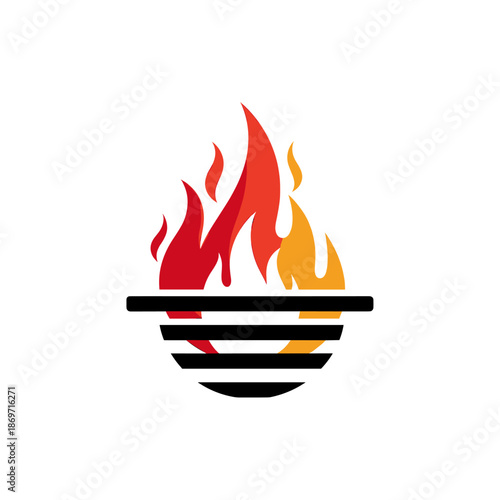 A stylized illustration of a grill with flames rising from it, symbolizing cooking and heat.