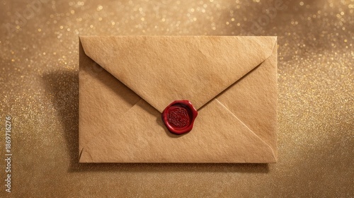 Elegant Kraft Envelope With Red Wax Seal On Golden Glitter Backdrop, A Classic Letter Perfect For Invitations, Weddings, Or Special Messages
