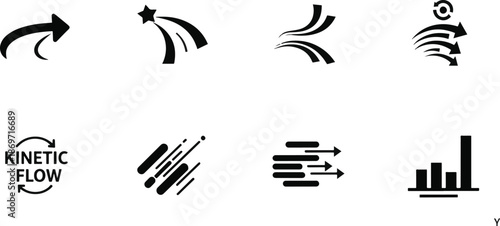 Set of Kinetic Flow and Motion Arrow Icons for Dynamic Data and Speed Visualization