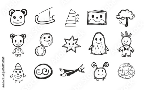collection of various kitchen utensils and dishes, food , drink icons,  cute cartoon style illustration, various lighting, fixtures ,decorative items, hand drawn doodle design