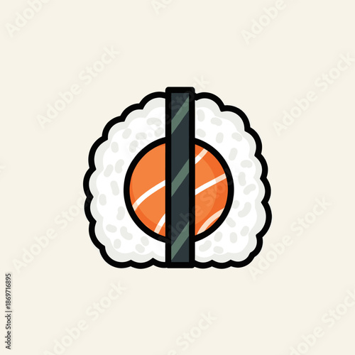 A close-up illustration of a single piece of sushi with salmon and rice.