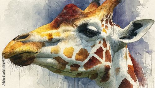 An artistic illustration of a giraffe, executed in a painterly watercolor style with expressive brushstrokes and streaks of paint.   © Evdoha